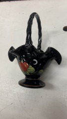 Fenton Hand Painted Black Glass Basket