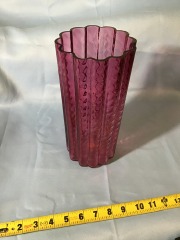 Pilgrim Glass Cranberry Optic Swirl Ionic Vase Ribbed Scalloped Design 9.5\