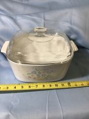 vintage CorningWare casserole dish in the Country Cornflower pattern