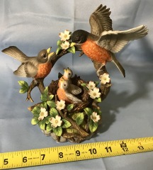 vintage San Francisco Music Box Company porcelain music box featuring a robin bird family.