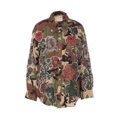 3914 P1 | R13 Drop Neck Flower Patch Camouflage Print Shirt