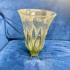 Vintage Medium Blown Glass In Iron Cage Vase