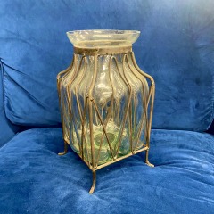 Vintage Large Blown Glass In Iron Cage Vase