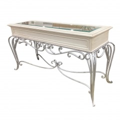 White Console Table W\/Glass Insert & Wrought Iron Base
