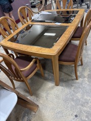 Burl\/Glass Top Dining Table W\/6 chairs 2 Leaves