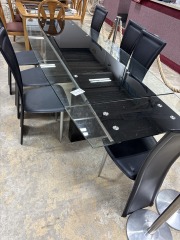 Glass Dining Table w\/ 2 Leaves & 7 Chairs