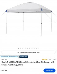 Ozark trail 10x10 ft straight leg simple push canopy MSRP $99.98
