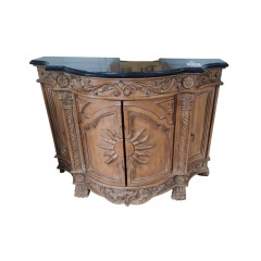Ornate Carved 4 Door Wooden Cabinet w Black Stone Top