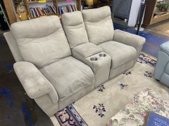 Beige Suede Double Recliner with Center Console