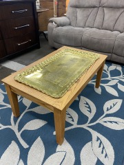 Wood Coffee Table with Vintage Brass Tray Top