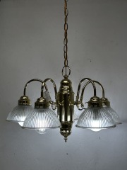 Vintage Gold and Holophane Glass 5 Light Dinette Chandelier