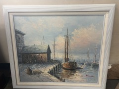 Vintage Oil Painting Harbor Scene W. Hayward