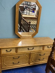 Vintage Broyhill Faux Bamboo 7 Drawer Longboy Dresser + Mirror