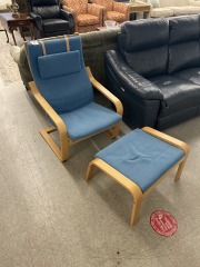 Blue\/Wood Chair & Ottoman
