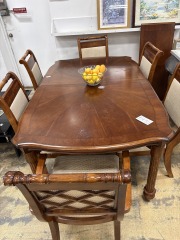 Classic Wood Dining Rm Table w\/6 Upholstered Chairs & 1 Leaf