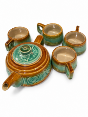 Vintage Pottery Drip Glaze Teapot and 4 Cups