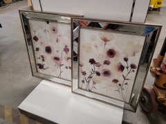 PAIR - MIRROR FRAMED PURPLE FLORAL PRINTS